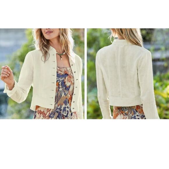 Peruvian Connection Reid White Slub Linen Button-Up Cropped Jacket, Size 18 - Picture 1 of 9